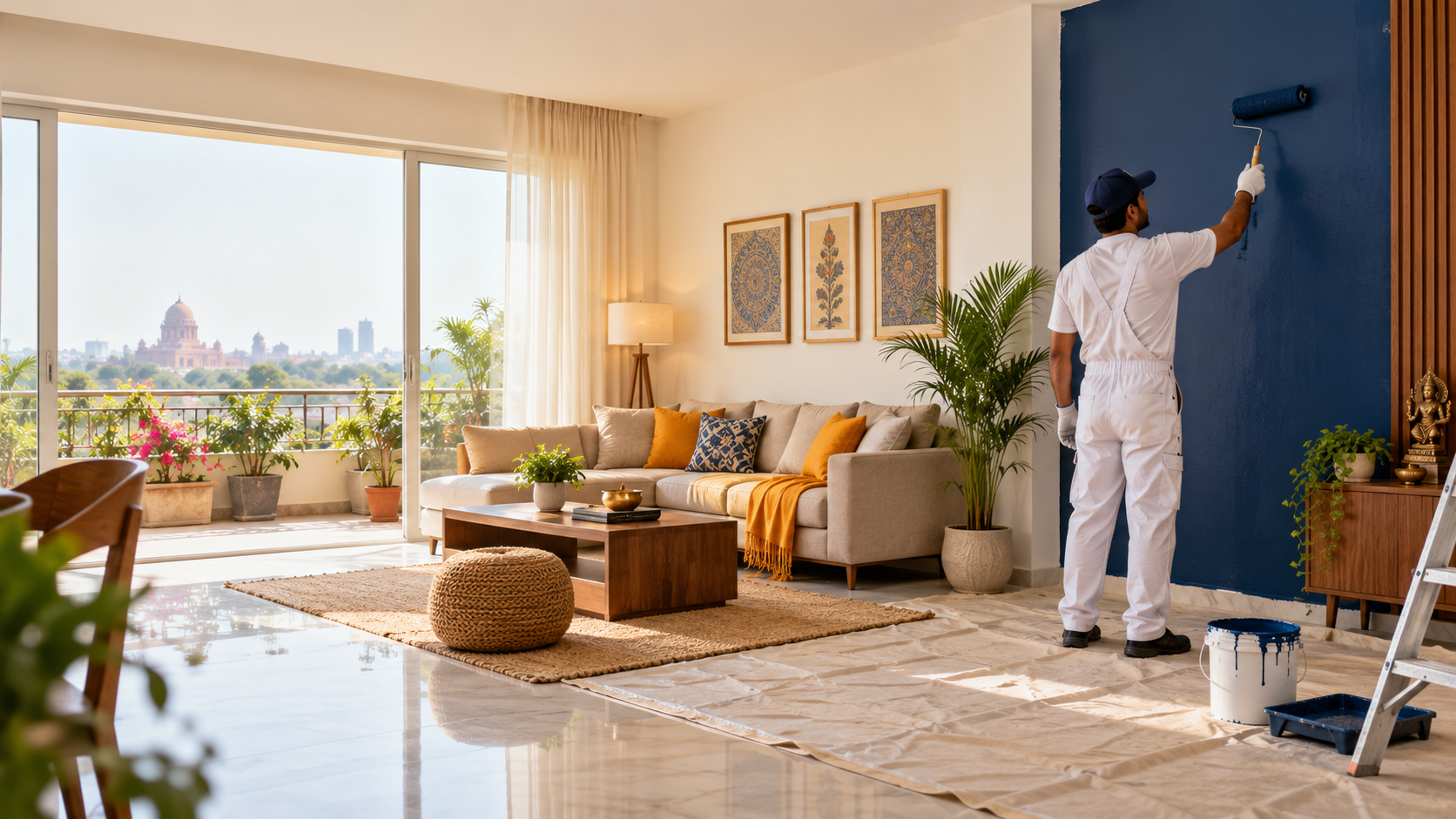 Professional painter working in a modern Delhi living room